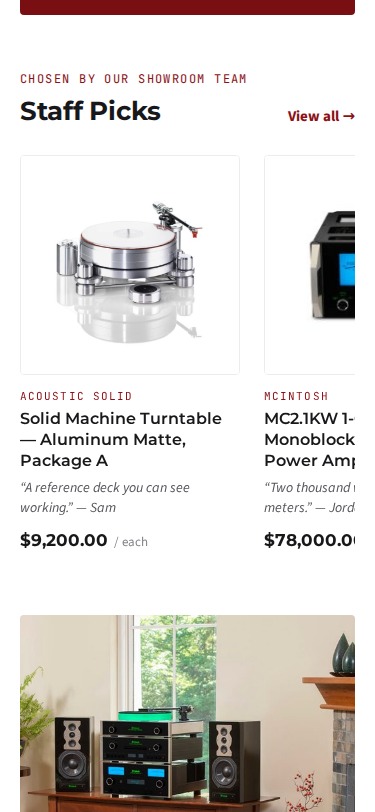 Specialist hi-fi retailer concept — mobile staff picks