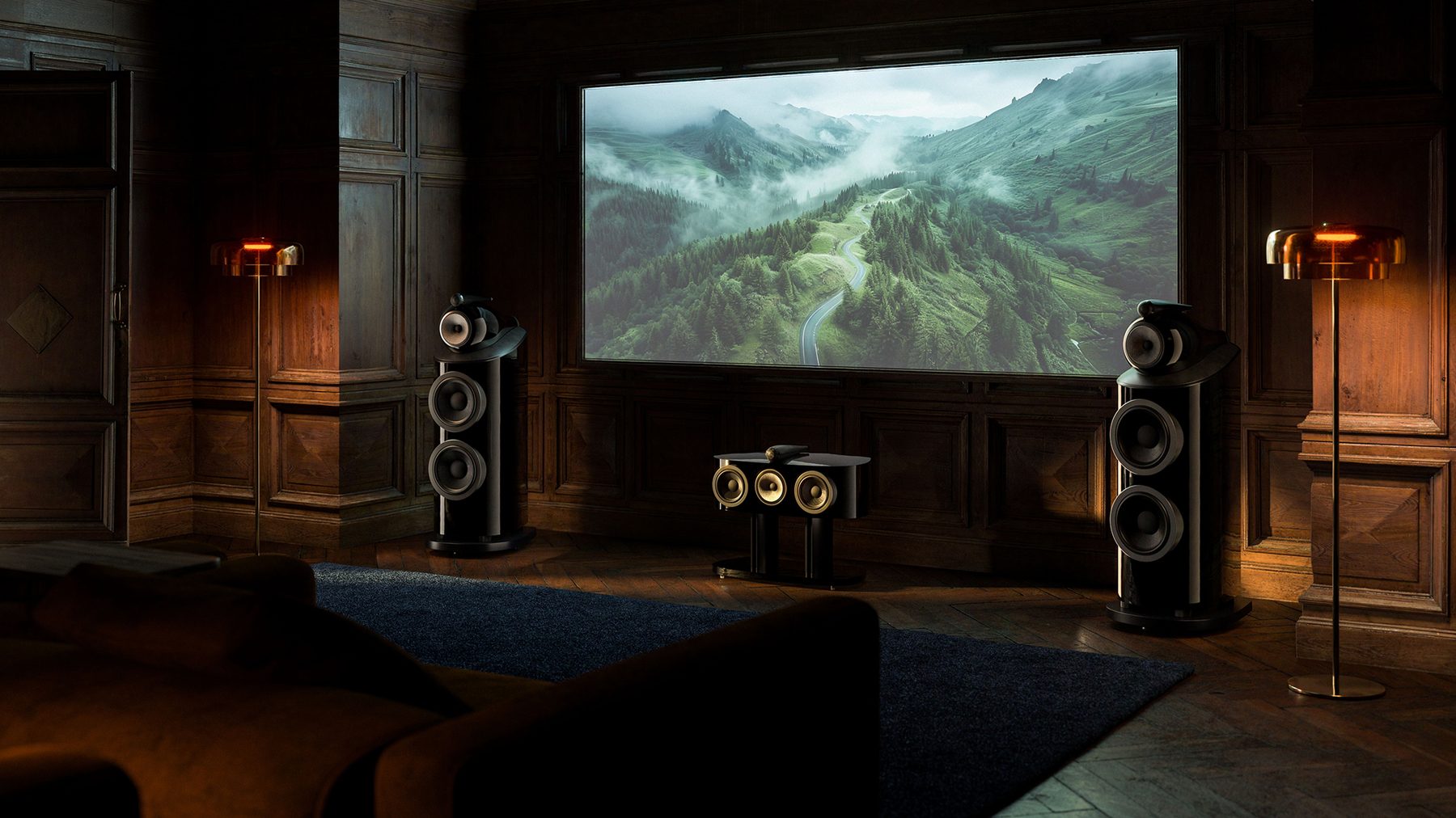 Local inventory ads for showroom retailers: a dark home cinema room with large speakers either side of a screen