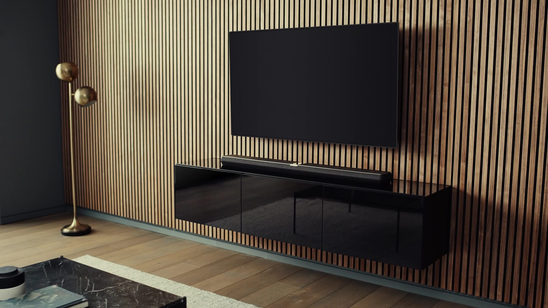 Magento to Shopify migration: a modern living room with a wall-mounted television above a low media unit
